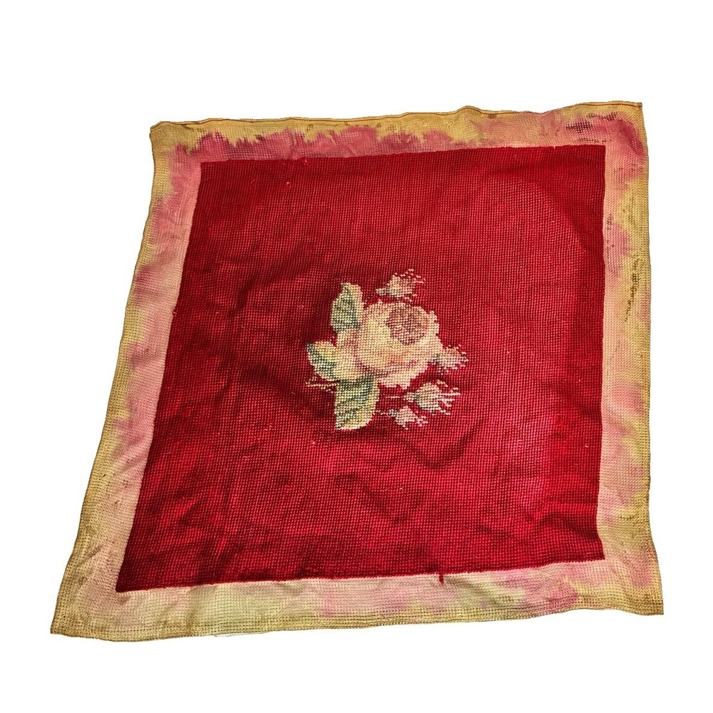 Vintage Hand Stitched Needlepoint Rose Floral Burgundy Panel